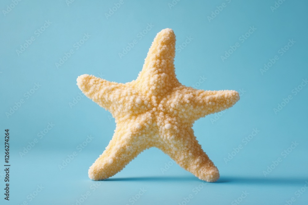 Single beige starfish stands against a bright blue background Single beige starfish stands against a bright blue background