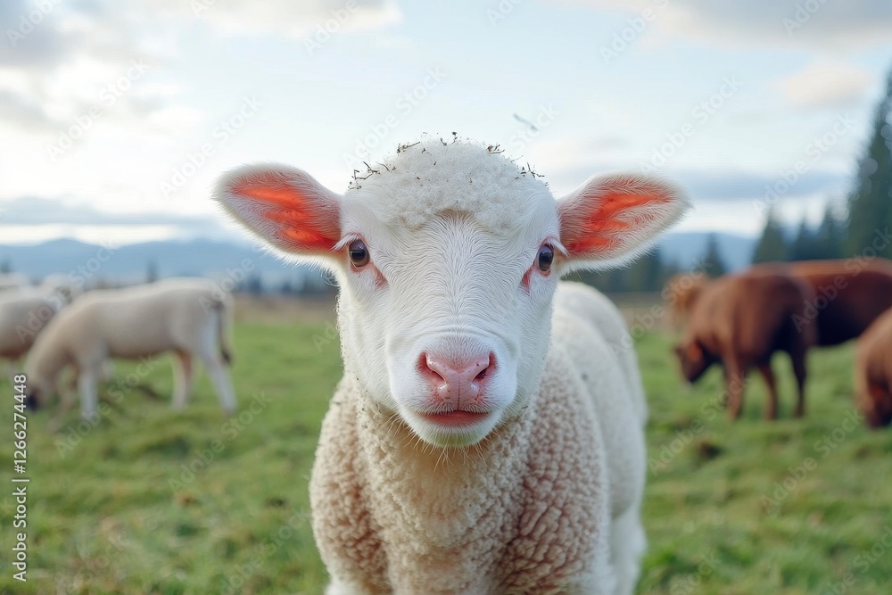 Adorable Fluffy White Lamb in a Green Pasture Adorable Fluffy White Lamb in a Green Pasture