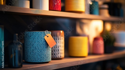 Teal patterned container sits on wooden shelf among other decorative items