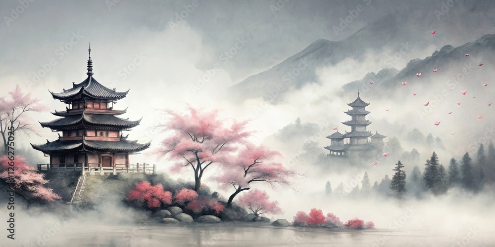 Obraz premium Serene Pagoda Landscape with Blooming Cherry Trees and Misty Mountains