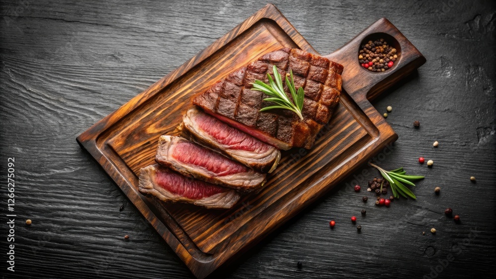 Seared steak sliced on a rustic wooden board, garnished with fresh rosemary and peppercorns. A delectable culinary image depicting juicy, flavorful meat. Seared steak sliced on a rustic wooden board, garnished with fresh rosemary and peppercorns. A delectable culinary image depicting juicy, flavorful meat.
