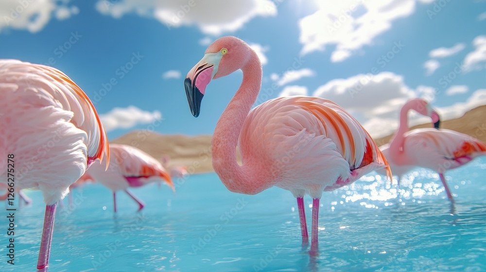 Naklejka premium Pink Flamingos in Turquoise Water Under a Bright Blue Sky