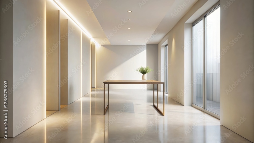 Modern Minimalist Interior Design A Serene Space with Subtle Lighting and Clean Lines Featuring a Simple Wooden Table Modern Minimalist Interior Design A Serene Space with Subtle Lighting and Clean Lines Featuring a Simple Wooden Table