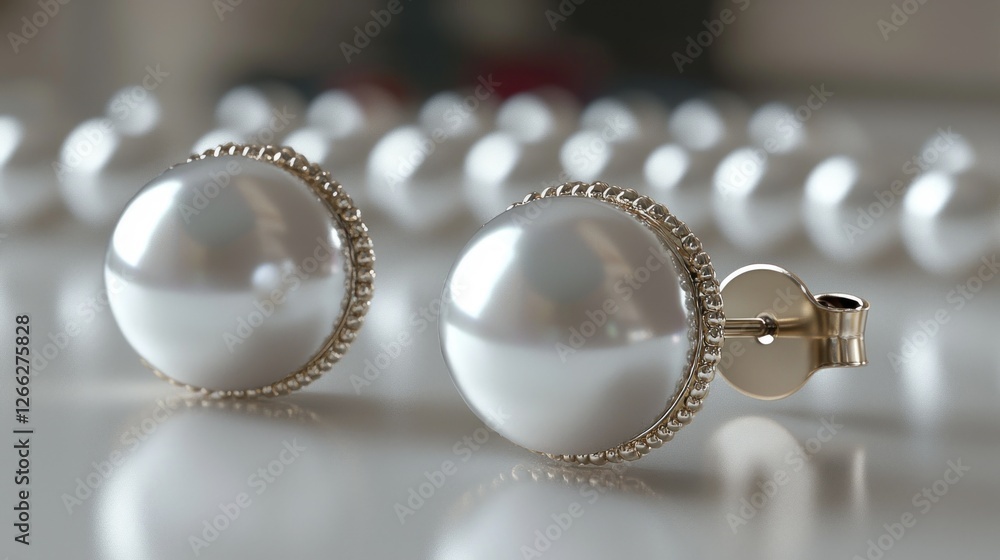 Elegant pearl stud earrings on a reflective surface with a pearl necklace in the background Elegant pearl stud earrings on a reflective surface with a pearl necklace in the background