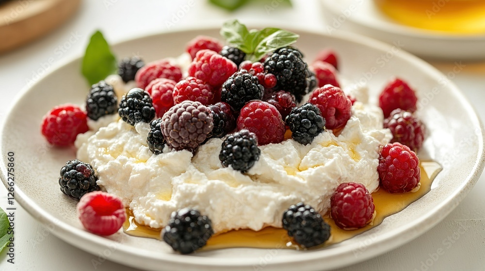 Creamy Ricotta Dessert Topped With Raspberries And Blackberries Creamy Ricotta Dessert Topped With Raspberries And Blackberries