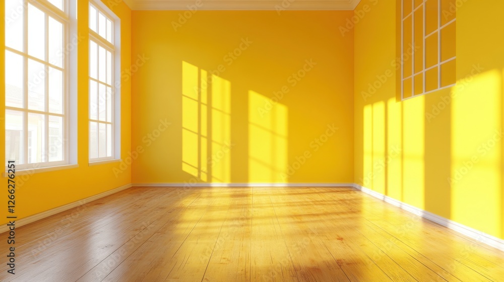 Obraz premium sunny empty room with yellow walls and wooden floor
