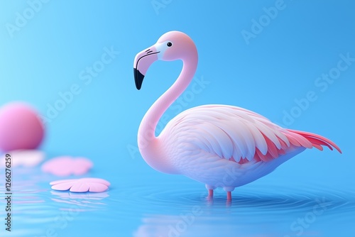 A stylized flamingo standing in calm water, surrounded by pink lily pads and soft pastel-colored spheres. The background features a smooth gradient of blue, enhancing the serene atmosphere.