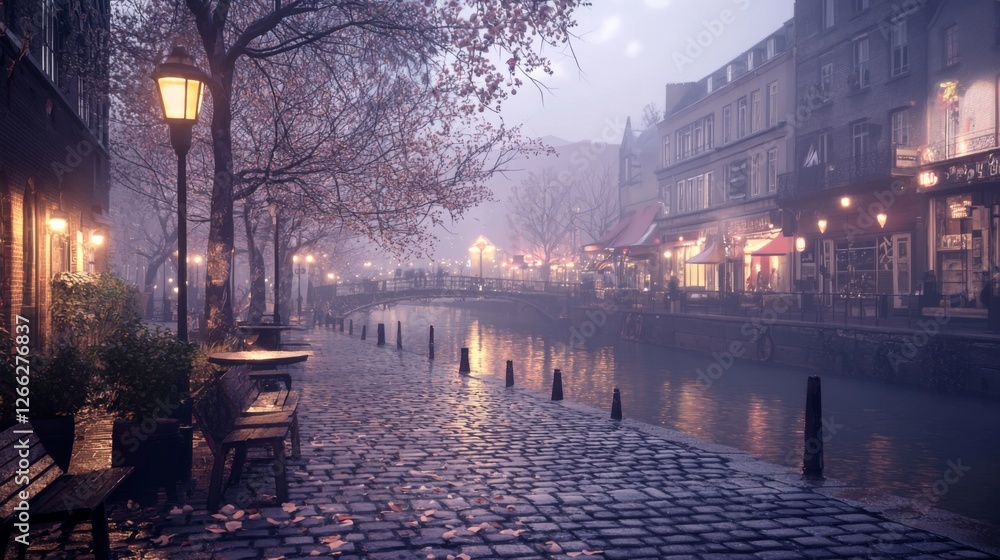 Fototapeta premium A peaceful riverside promenade in a famous city, featuring a stone pathway, benches, and soft evening reflections. 