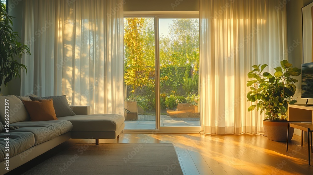 Sunlit Living Room With Garden View And Sheer Curtains Sunlit Living Room With Garden View And Sheer Curtains