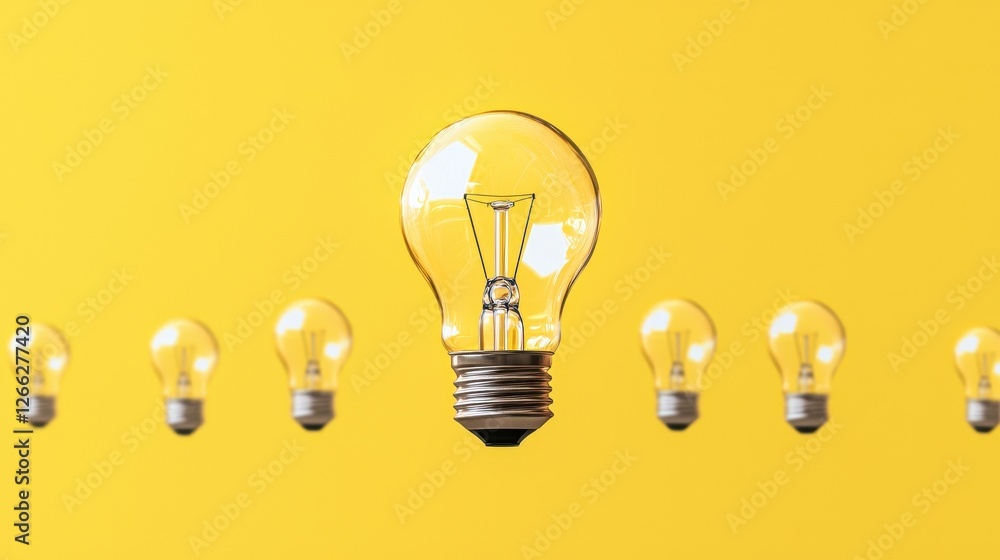 A series of light bulbs against a bright yellow background, with one bulb prominently displayed in the center, symbolizing ideas and innovation. A series of light bulbs against a bright yellow background, with one bulb prominently displayed in the center, symbolizing ideas and innovation.