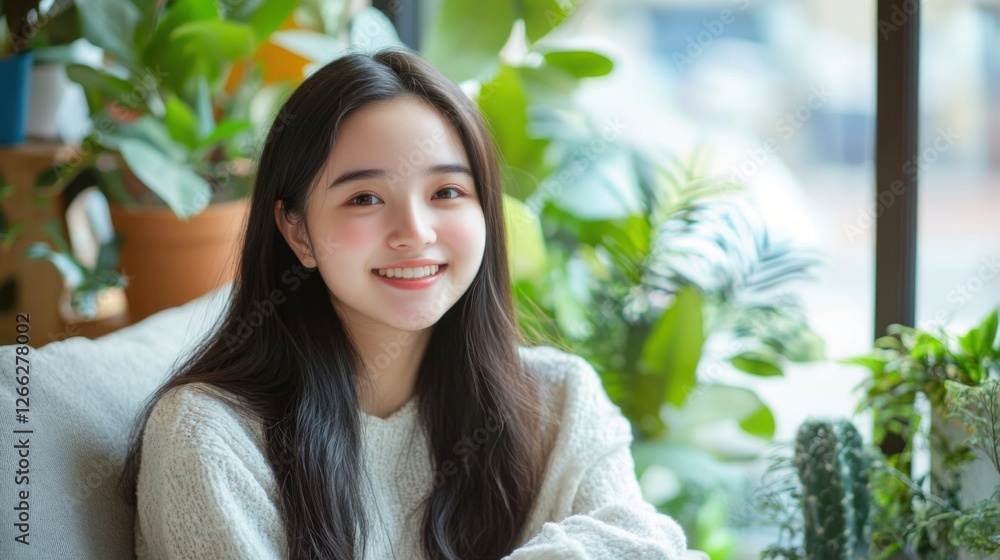 beautiful young woman smiling in cozy room with plants beautiful young woman smiling in cozy room with plants
