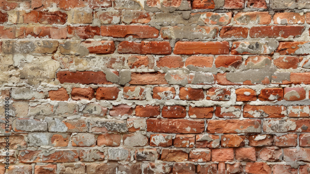 Fototapeta premium Old brick wall with mix of red and gray bricks, showcasing texture and wear. uneven surface adds character and depth to structure