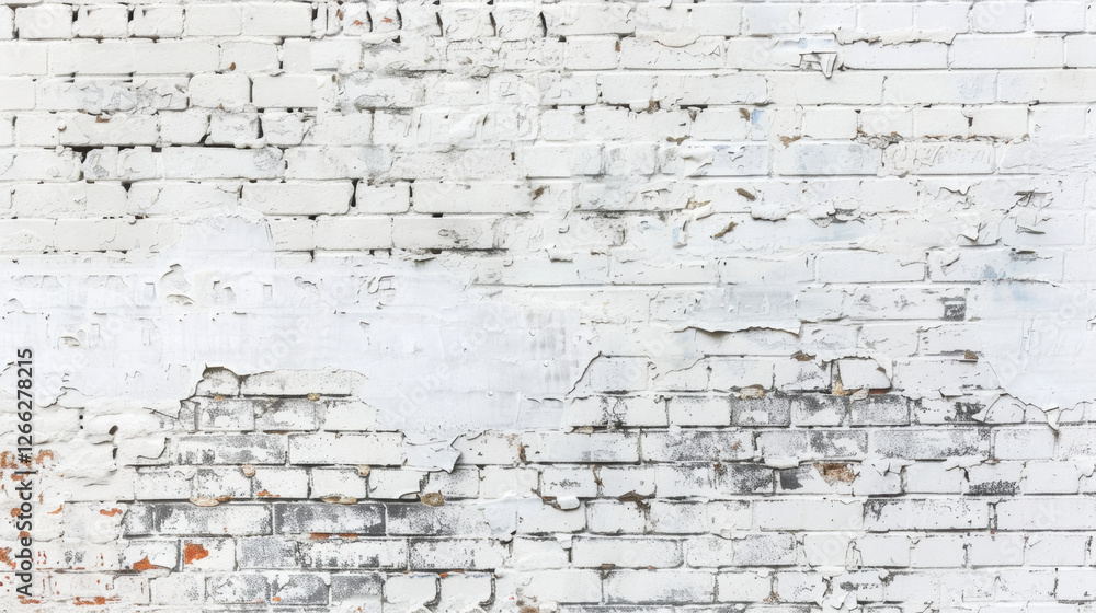White brick wall with peeling paint and texture, showcasing rustic and weathered appearance. surface features cracks and imperfections, adding character to backdrop White brick wall with peeling paint and texture, showcasing rustic and weathered appearance. surface features cracks and imperfections, adding character to backdrop