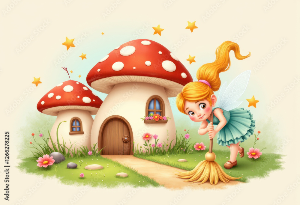 Naklejka premium Fairy Cleaning Mushroom House, Cartoon Mopping Scene