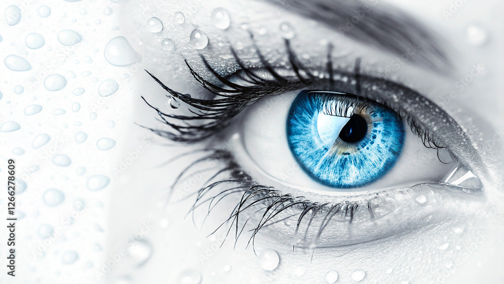 Fototapeta premium Stunning Blue Eyes of a Woman with Iris and Water Droplets