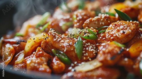 A dak galbi (spicy stir-fried chicken) close-up, food design, dynamic photo