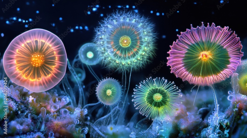 Obraz premium Vibrant Microscopic Marine Life Forms Displayed