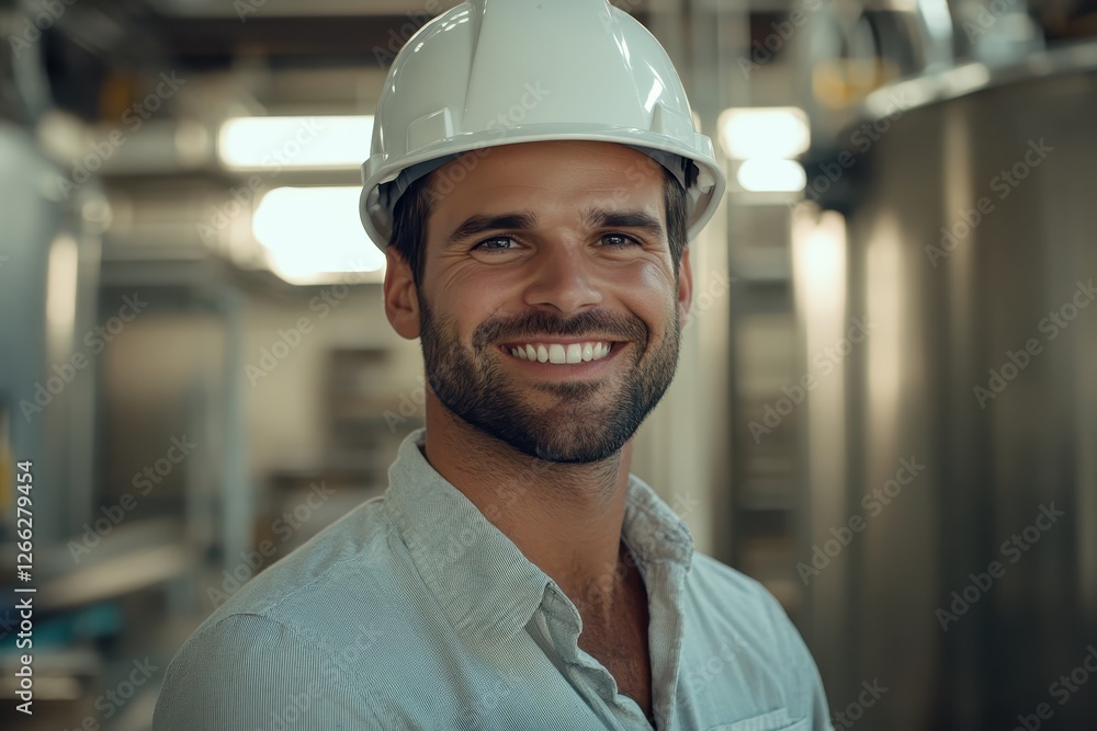 Smiling man in hard hat at factory. Ideal for construction, engineering, or industrial themes. Smiling man in hard hat at factory. Ideal for construction, engineering, or industrial themes.