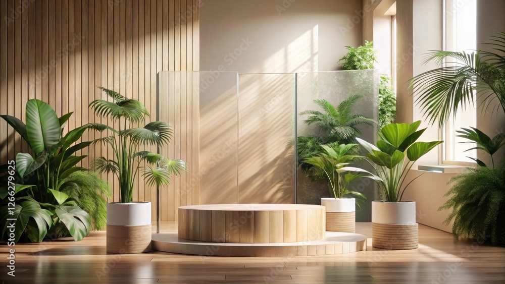 Serene Minimalist Indoor Garden with Wooden Display Platform and Lush Tropical Foliage Serene Minimalist Indoor Garden with Wooden Display Platform and Lush Tropical Foliage