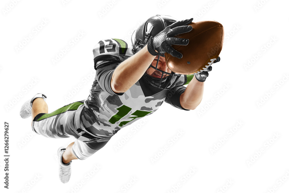 American football player in a jump. Sport emotion. Professional athlete during the game, playing in action and movement. Sport. Isolated American football player in a jump. Sport emotion. Professional athlete during the game, playing in action and movement. Sport. Isolated