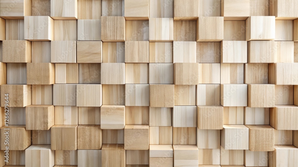 Fototapeta premium Textured Wooden Block Wall Arrangement Abstract Background of Natural Light Brown Cubes
