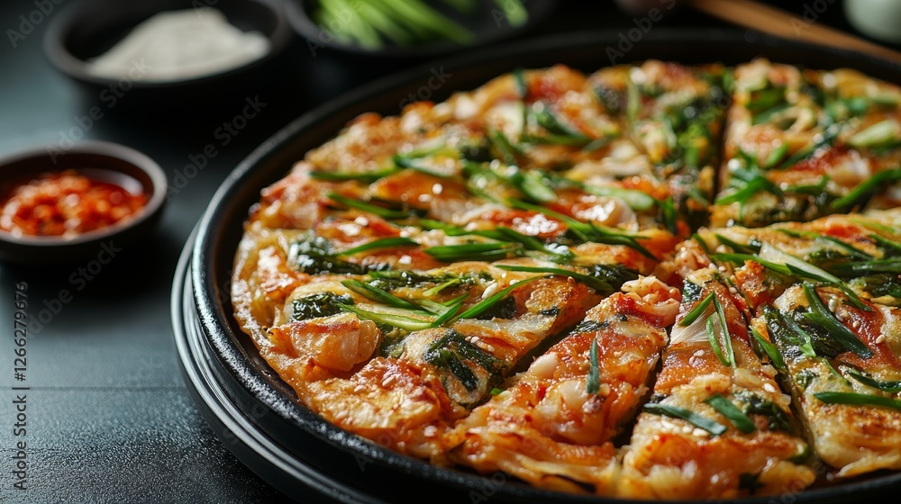 A Korean haemul pajeon (seafood pancake) close-up, food design A Korean haemul pajeon (seafood pancake) close-up, food design