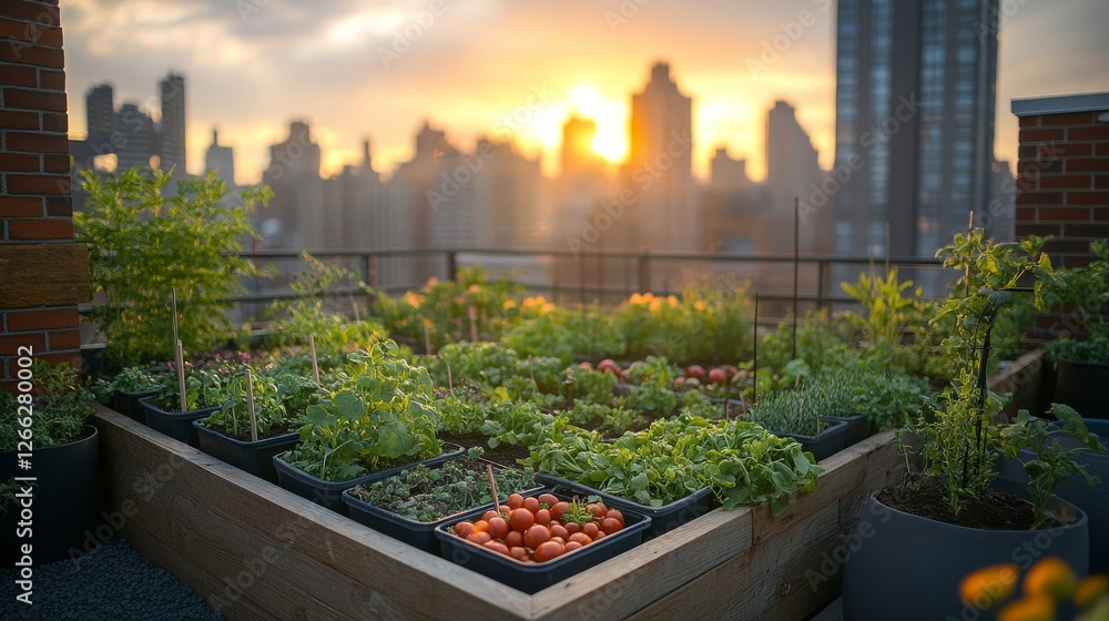 Rooftop Urban Oasis: Growing a Garden in the City with Sunset Views, Fresh Produce, and Sustainable Living Amidst Skyscrapers and Serene Atmosphere Rooftop Urban Oasis: Growing a Garden in the City with Sunset Views, Fresh Produce, and Sustainable Living Amidst Skyscrapers and Serene Atmosphere