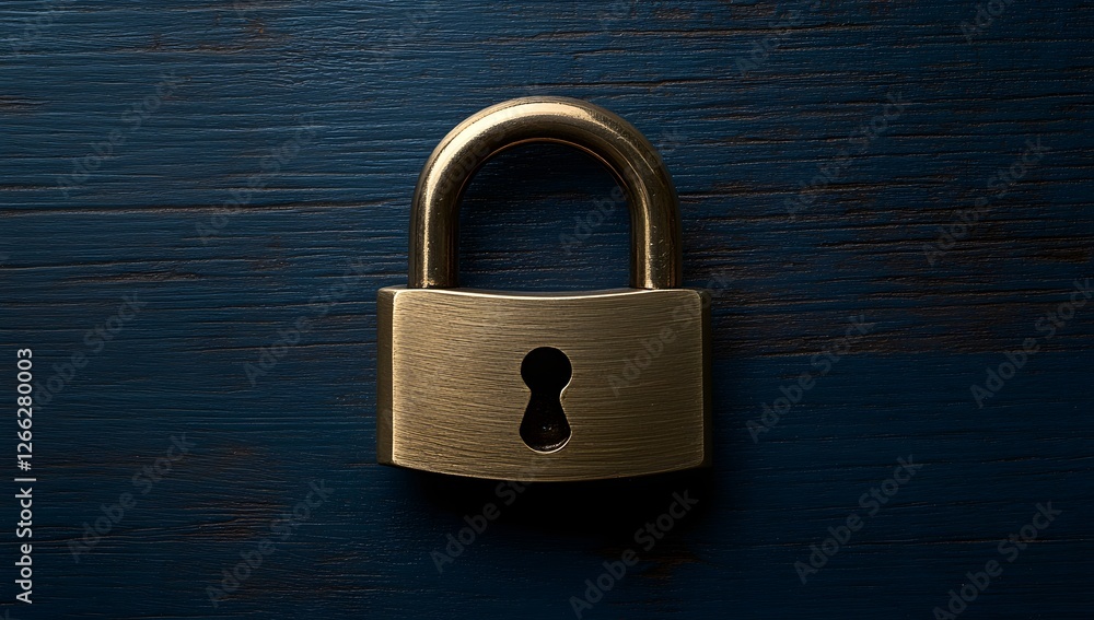 Fototapeta premium Brass padlock on dark blue wooden surface