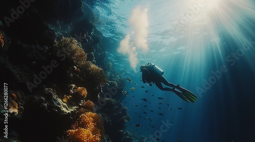 Diver explores vibrant coral reef and diverse fish life