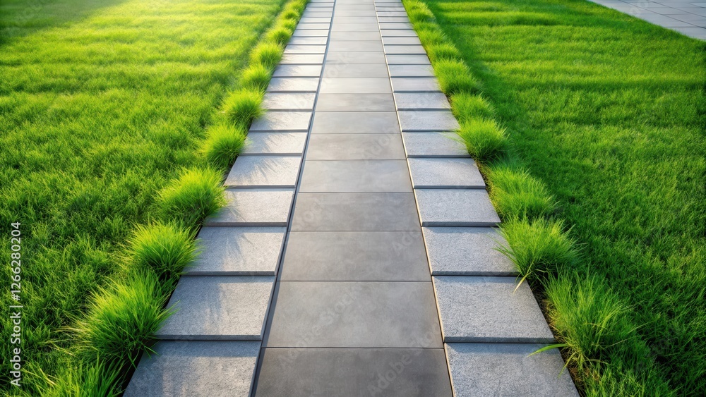 Serene Pathway Through Lush Green Lawn A View of Tranquil Landscaping Design with Grey Stone Tiles and Vibrant Grass Serene Pathway Through Lush Green Lawn A View of Tranquil Landscaping Design with Grey Stone Tiles and Vibrant Grass