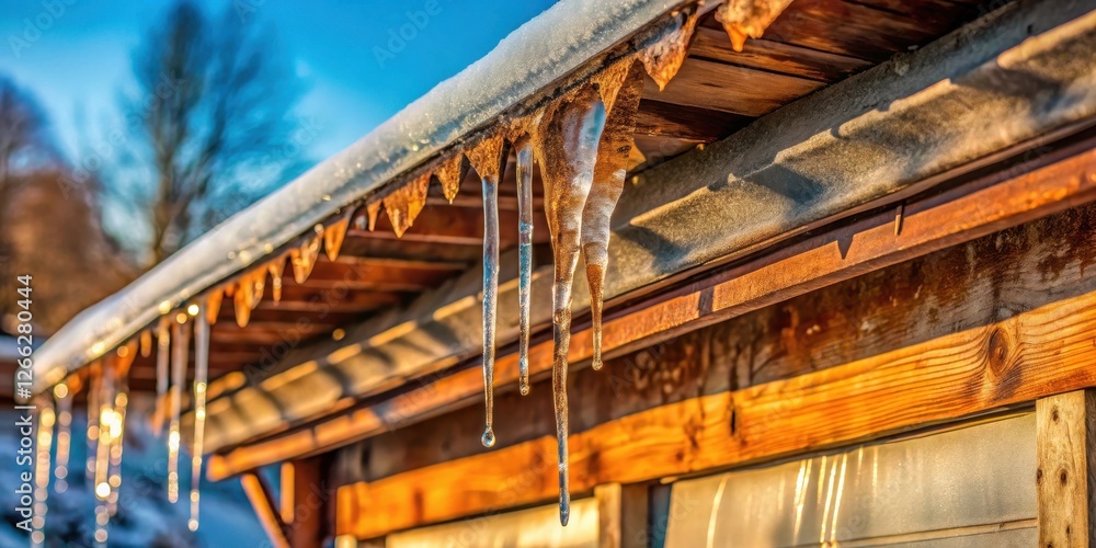 Icy Delights Hanging from a Rustic Wooden Eaves Structure During a Frosty Winter Day Icy Delights Hanging from a Rustic Wooden Eaves Structure During a Frosty Winter Day