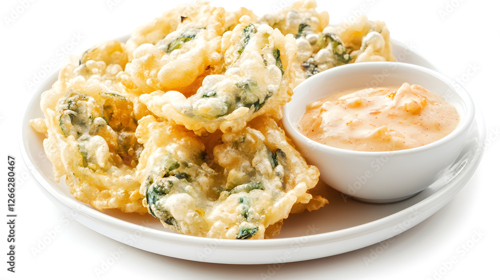 Fried vegetable tempura served with a soy-based dipping sauce Fried vegetable tempura served with a soy-based dipping sauce