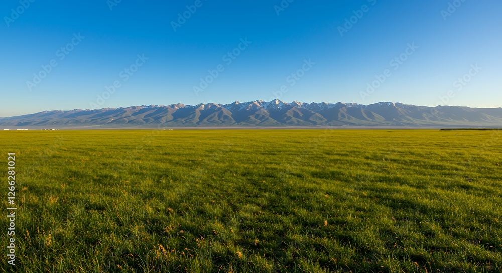Fototapeta premium Vast Green Field with Distant Snow-capped Mountains Under Blue Sky