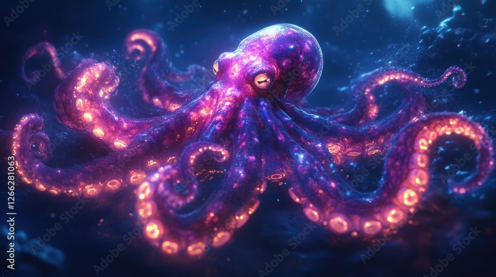 Glowing Octopus in Deep Ocean, Bioluminescent Background, Fantasy Art Glowing Octopus in Deep Ocean, Bioluminescent Background, Fantasy Art