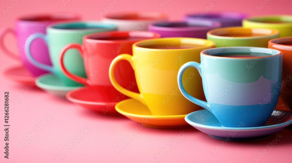 Colorful teacups in a row on a pink surface Colorful teacups in a row on a pink surface