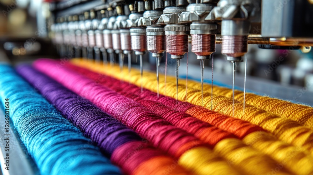Colorful threads on industrial embroidery machine Colorful threads on industrial embroidery machine