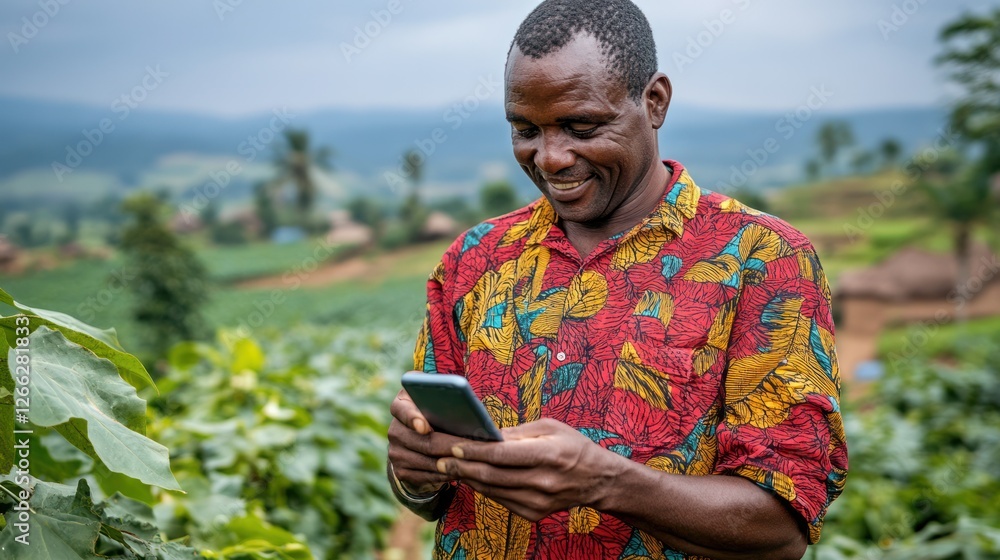 Fototapeta premium Farmer using smartphone in rural African field