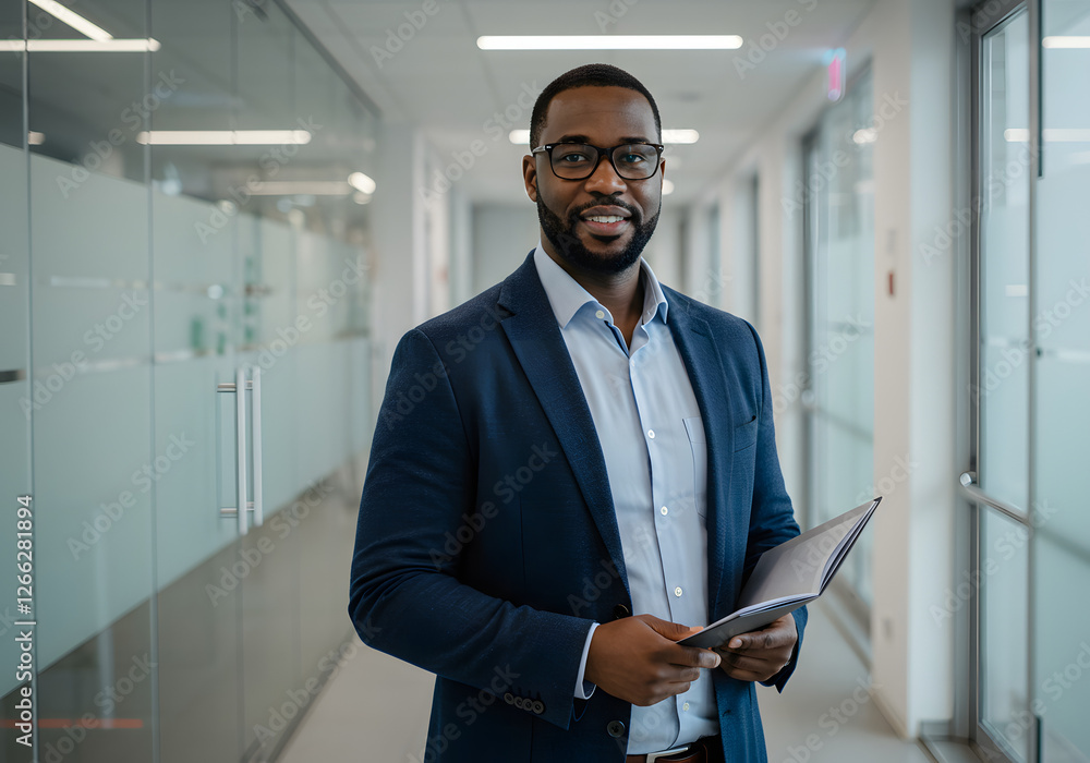 Fototapeta premium A poised, professional businessman in a modern office corridor, holding documents and exuding confidence. This corporate setting highlights leadership, success, and professionalism