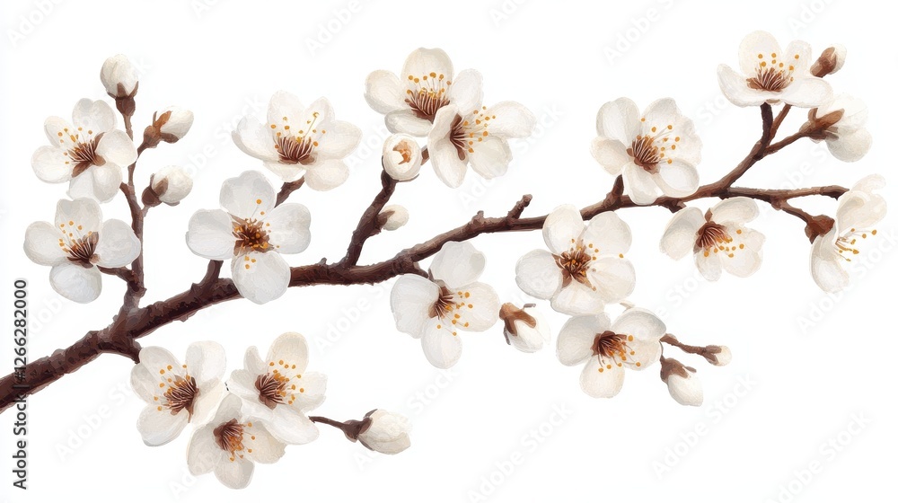 Delicate branch of white blossoms in full bloom, some buds present. Perfect for spring themes, nature, or beauty concepts. Delicate branch of white blossoms in full bloom, some buds present. Perfect for spring themes, nature, or beauty concepts.