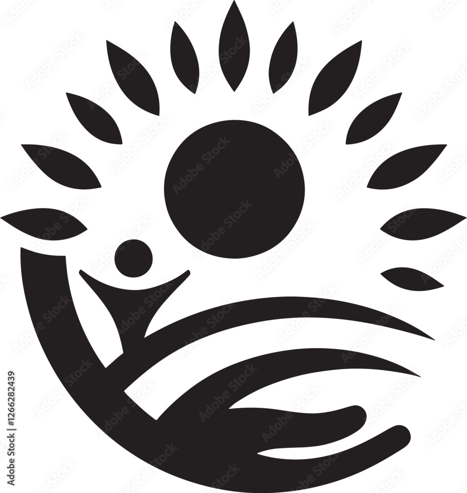 Sun, person, hand, leaves symbol.