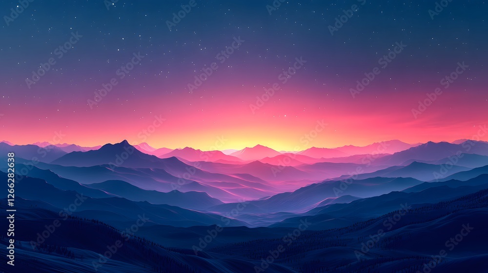 Fototapeta premium Serene mountain range view with a vibrant gradient sunset sky landscape