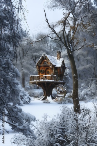 Treehouse Cabin   A raised treehousestyle cabin with a wintery treetop view photo