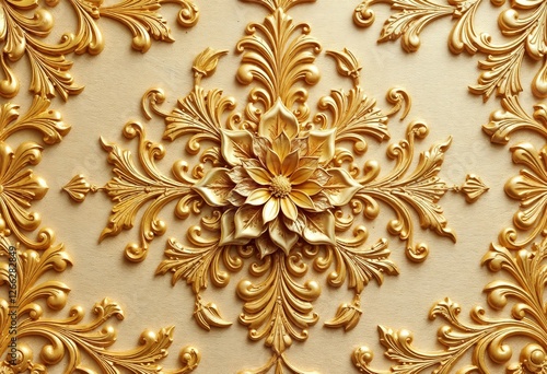 Decorative golden floral design featuring intricate swirls and leaf patterns, centered with a prominent floral motif. The design is symmetrical and elegant