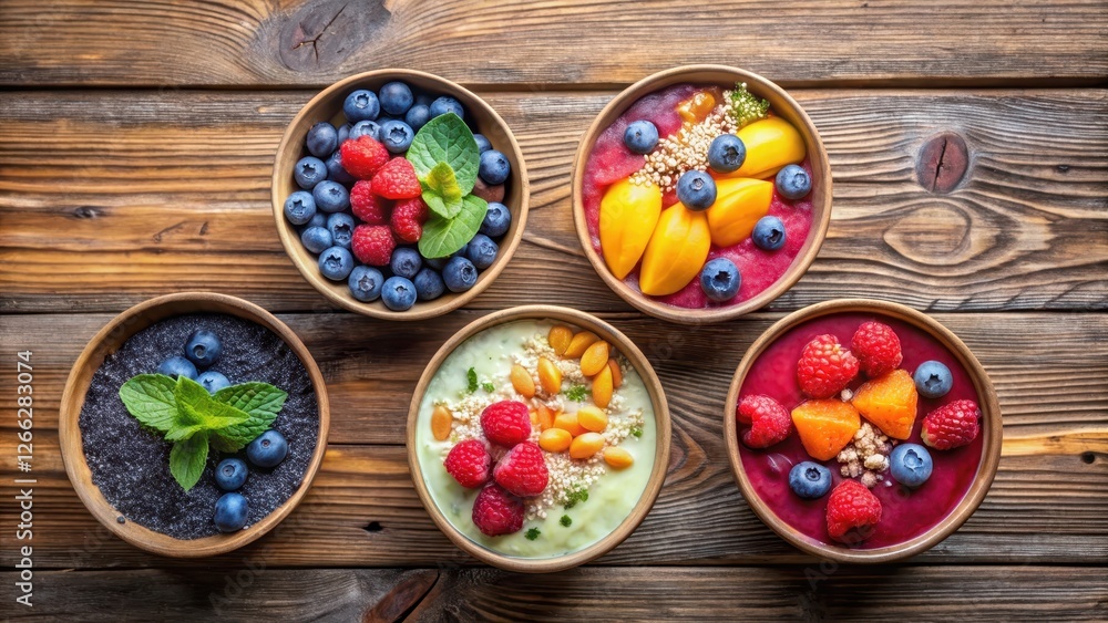 Delicious and healthy fruit bowls arranged on a rustic wooden surface, featuring vibrant colors and a variety of fresh berries and fruits. Delicious and healthy fruit bowls arranged on a rustic wooden surface, featuring vibrant colors and a variety of fresh berries and fruits.