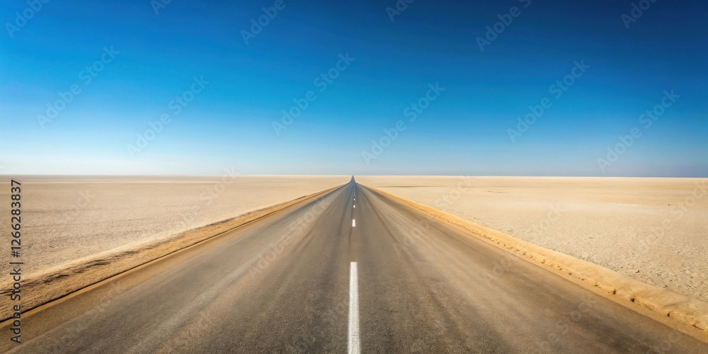 Naklejka premium Asphalt ribbon unwinding into a boundless, sun-drenched desert expanse under a vast, clear sky