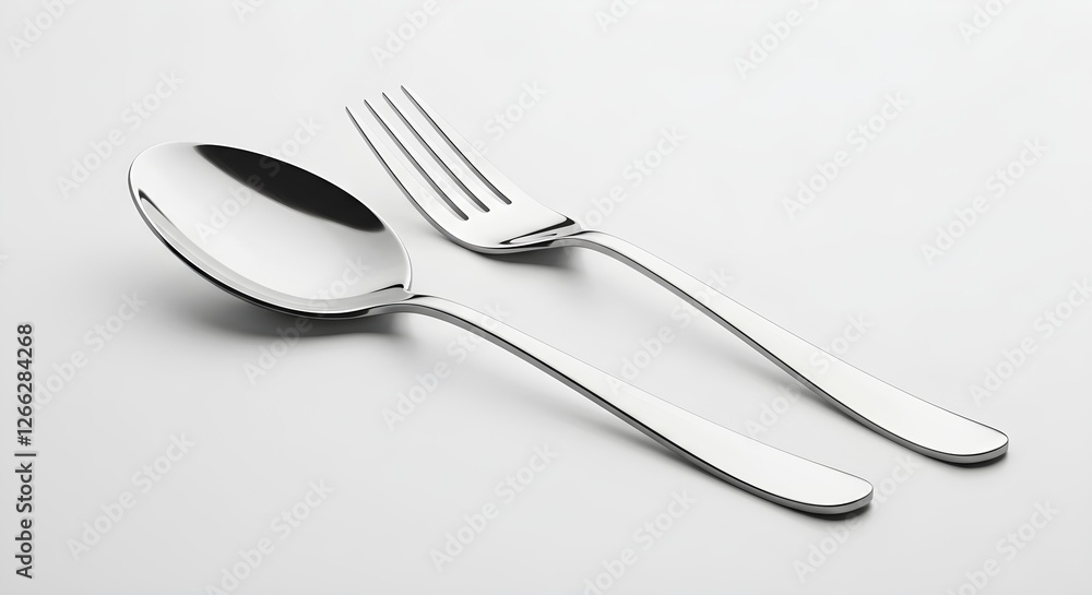 A spoon and fork isolated on a white background, showcasing their sleek and simple design. A spoon and fork isolated on a white background, showcasing their sleek and simple design.