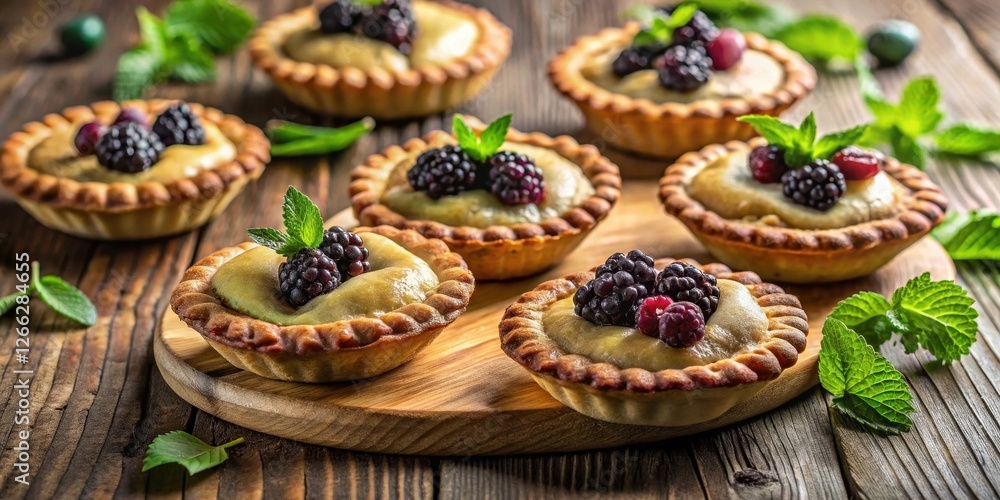 Delightful Mini Tartlets with Creamy Filling and Fresh Berries on Rustic Wooden Board Delightful Mini Tartlets with Creamy Filling and Fresh Berries on Rustic Wooden Board