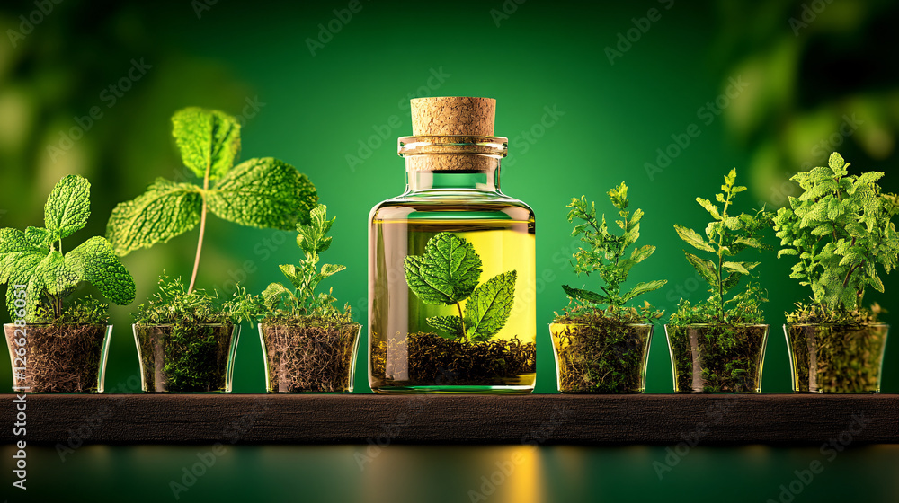 close up of herbal oil infusion with fresh mint leaves in glass jar, surrounded by small pots of various herbs. vibrant green background enhances natural essence close up of herbal oil infusion with fresh mint leaves in glass jar, surrounded by small pots of various herbs. vibrant green background enhances natural essence