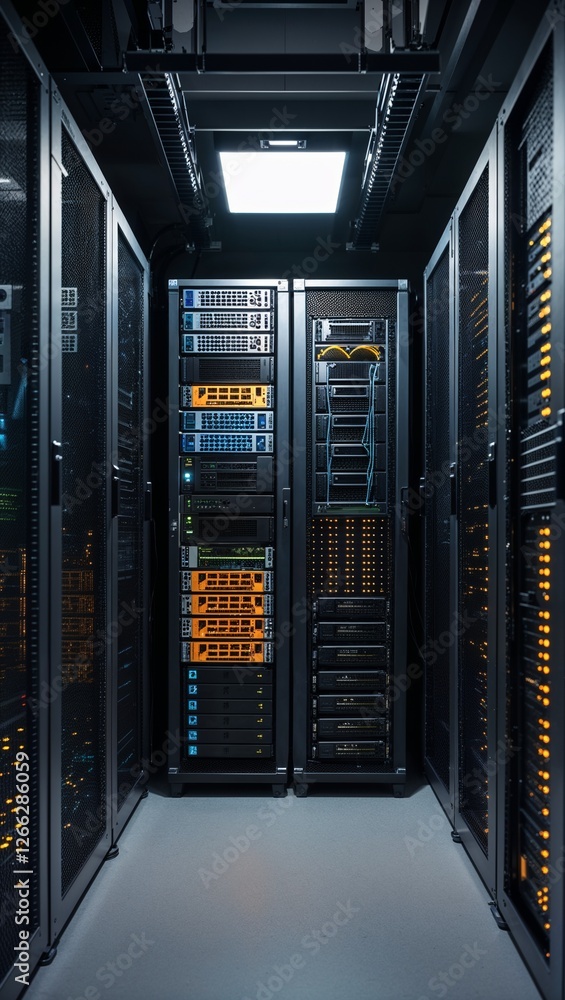 Well lit server room housing advanced storage and networking hardware Well lit server room housing advanced storage and networking hardware