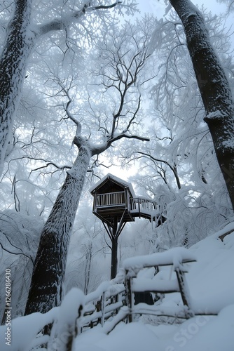 Treehouse Cabin   A raised treehousestyle cabin with a wintery treetop view photo